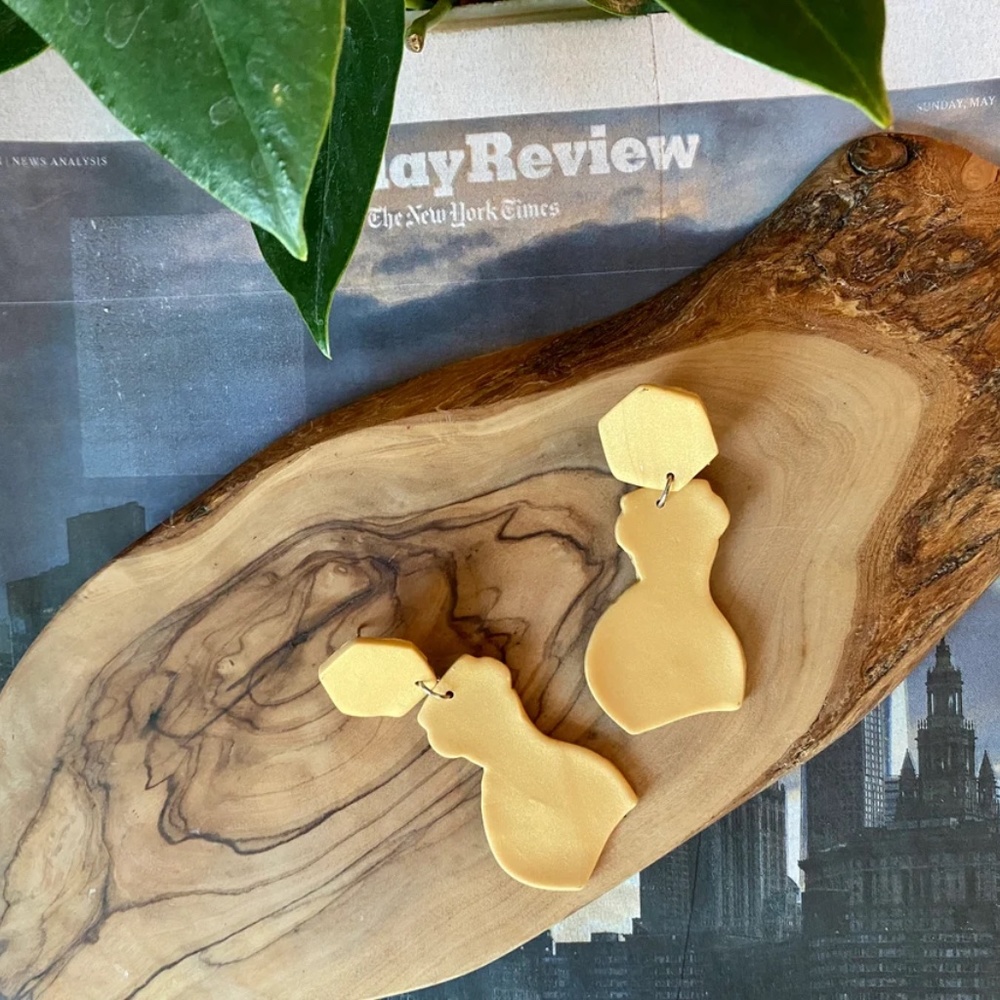 Handmade Clay Earrings | Forms of a Woman Silhouette | Yellow w/ Hexagon Stud